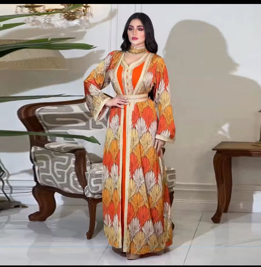 Elegant Autumn Feather Abaya – Gold & Orange Embellished
