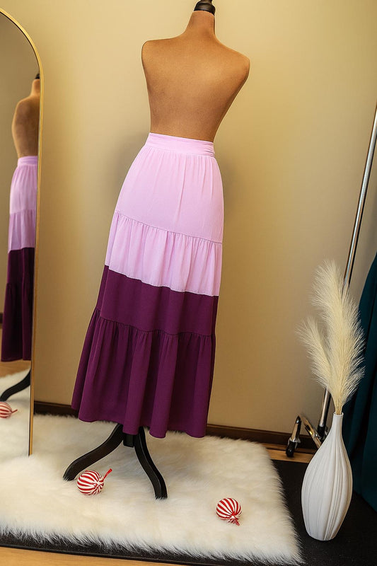 Lunaya Two-Tone Tiered Maxi Skirt – Rose & Plum