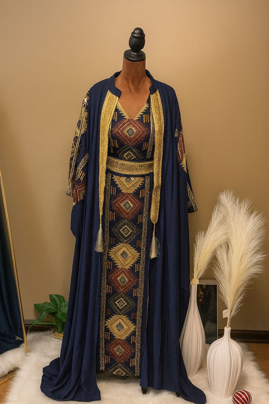 Royal Navy & Gold Geometric Abaya – 3-Piece Set with Embroidered Details