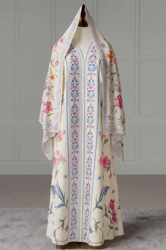 Lunaya Hand-Painted Floral Abaya – Ivory with Blue & Pink Accents