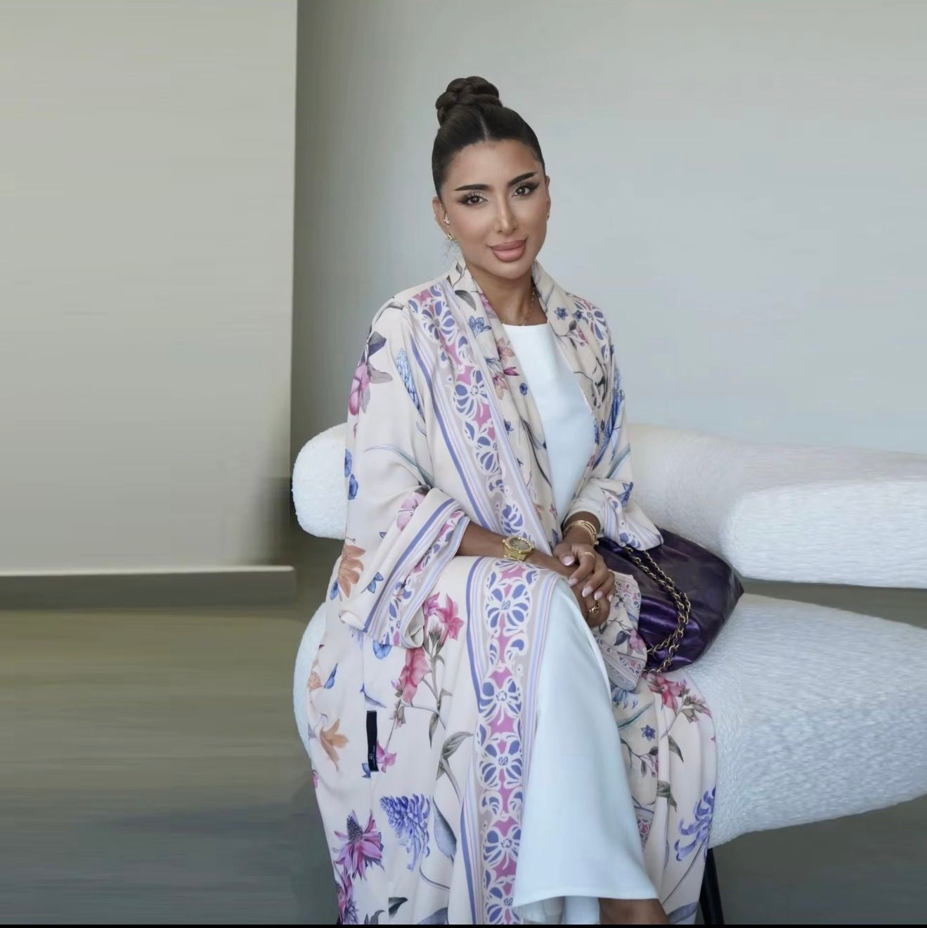 Lunaya Hand-Painted Floral Abaya – Ivory with Blue & Pink Accents