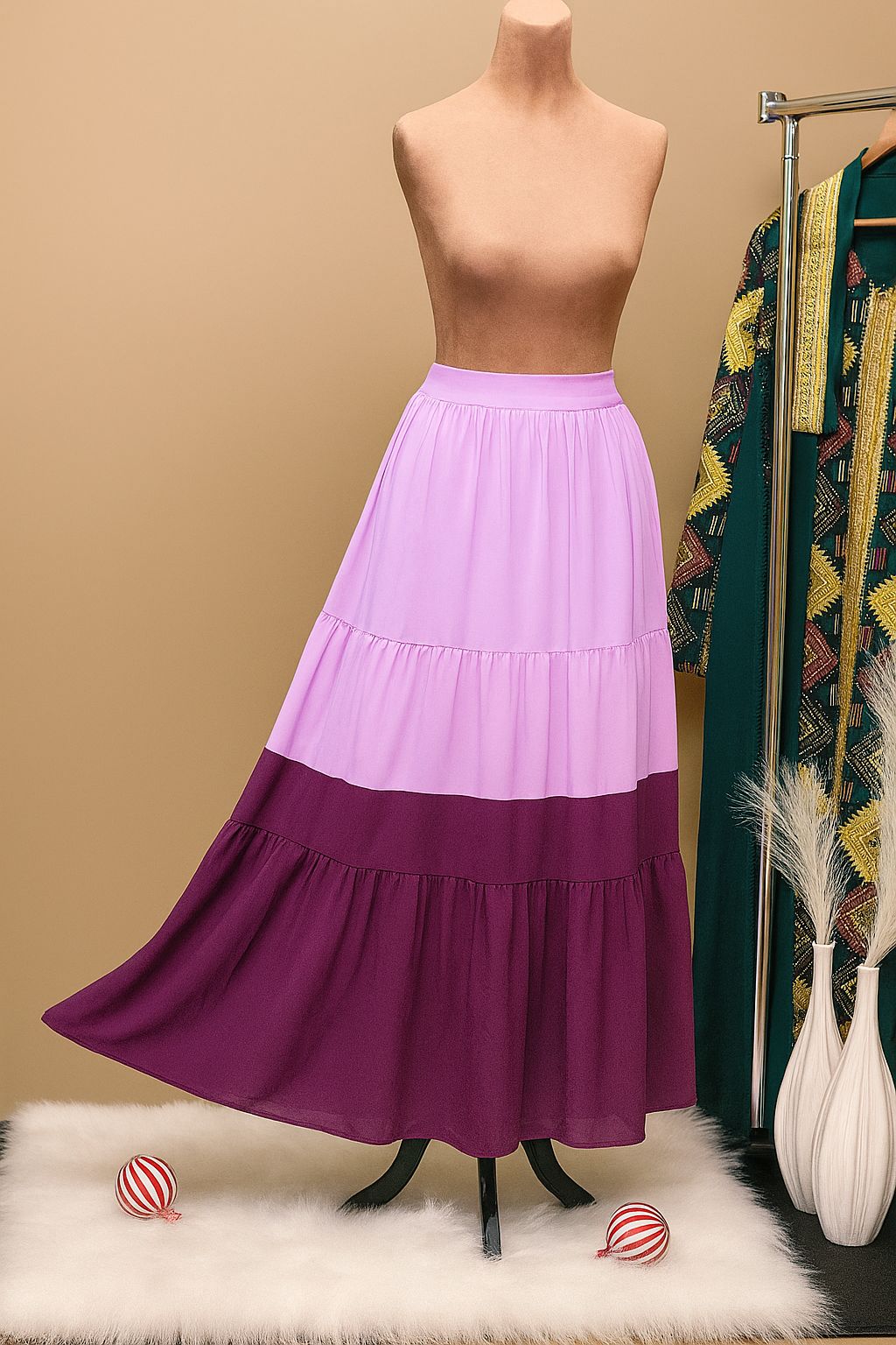 Lunaya Two-Tone Tiered Maxi Skirt โ Rose & Plum
