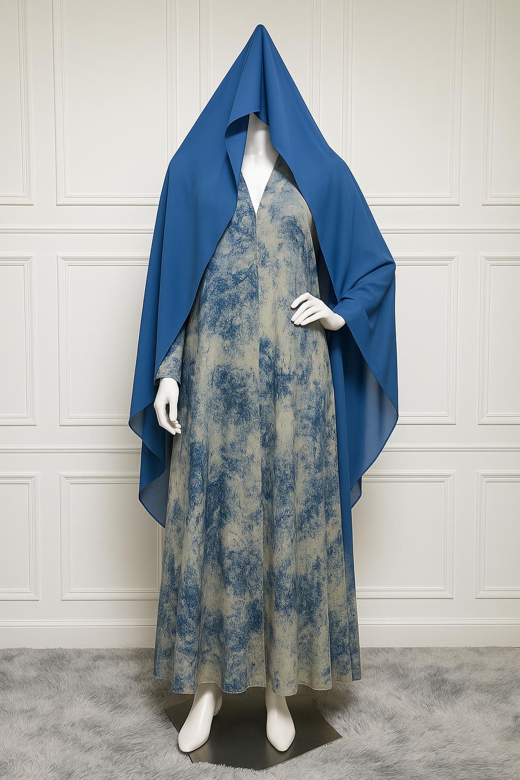 Royal Blue & Cream Abstract Abaya – 2-Piece Modest Set