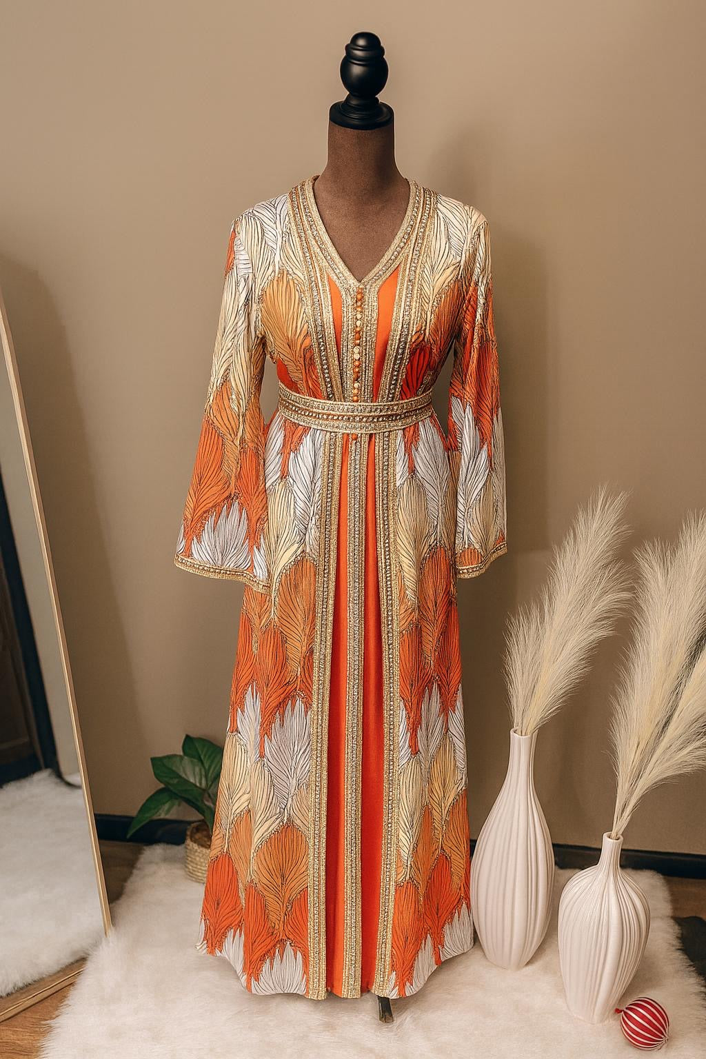 Elegant Autumn Feather Abaya – Gold & Orange Embellished