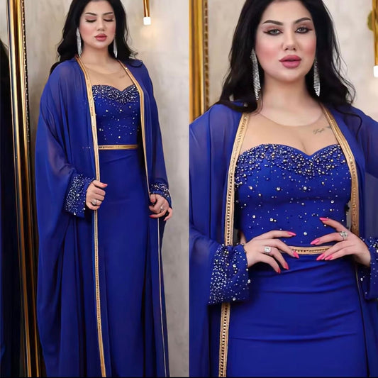 Lunaya Royal Cape Gown – Midnight Blue with Gold Trim & Pearl Embellishments