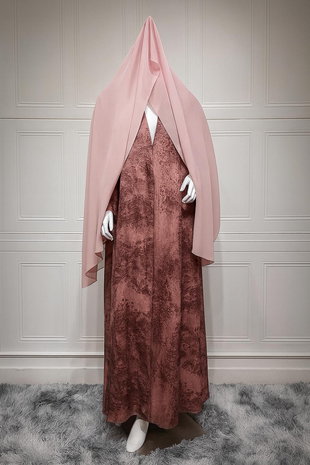 Blush Pink & Rosewood Abstract Abaya – 2-Piece Flowing Modest Set