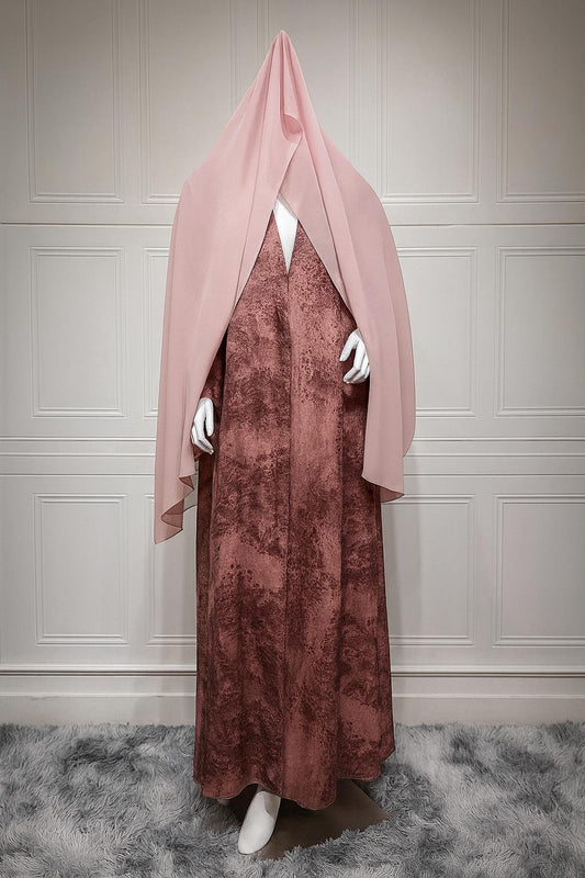 Blush Pink & Rosewood Abstract Abaya – 2-Piece Flowing Modest Set