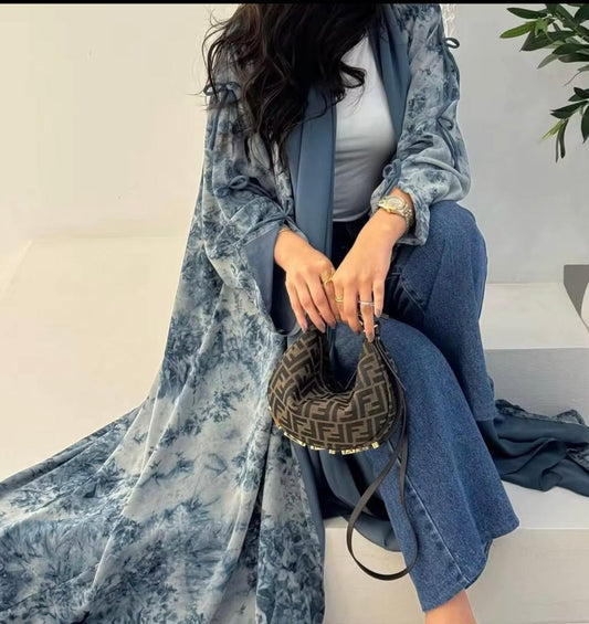 Royal Blue & Cream Abstract Abaya – 2-Piece Modest Set