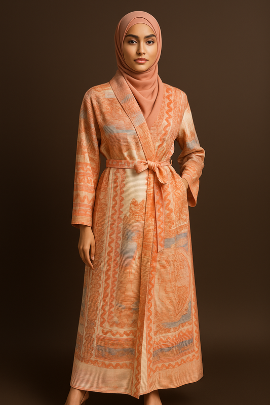 Elegant Printed Abaya with Belt – Coral & Pastel Tones