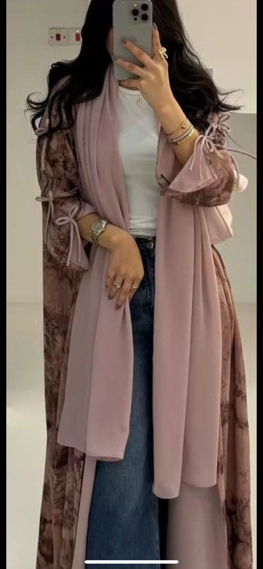 Blush Pink & Rosewood Abstract Abaya – 2-Piece Flowing Modest Set