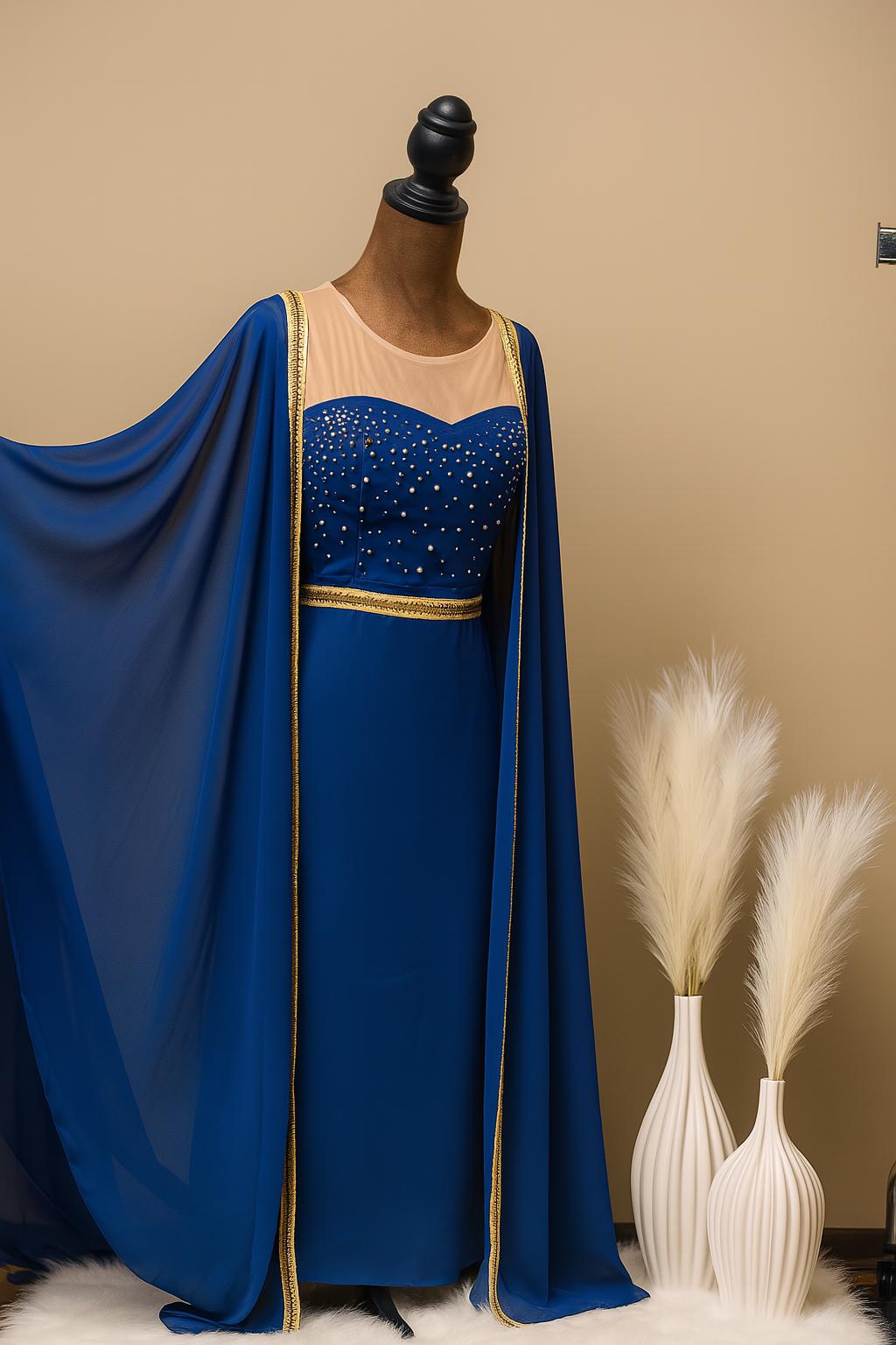 Lunaya Royal Cape Gown โ Midnight Blue with Gold Trim & Pearl Embellishments