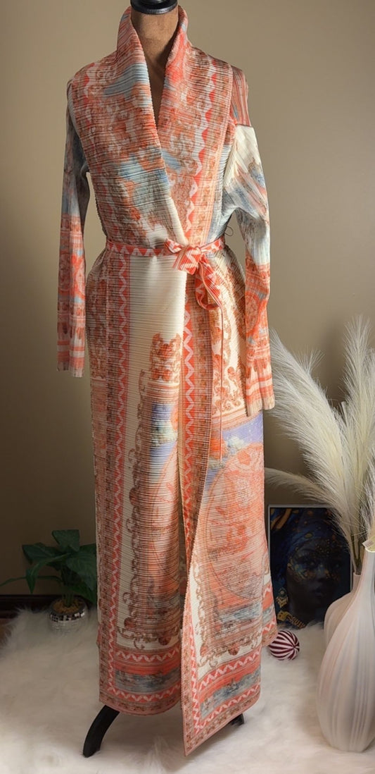 Elegant Printed Abaya with Belt – Coral & Pastel Tones