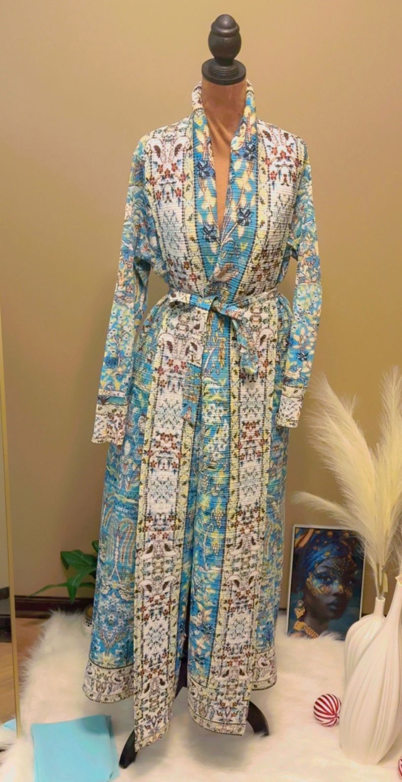 Luxury Printed Abaya with Belt – Blue & White Mosaic