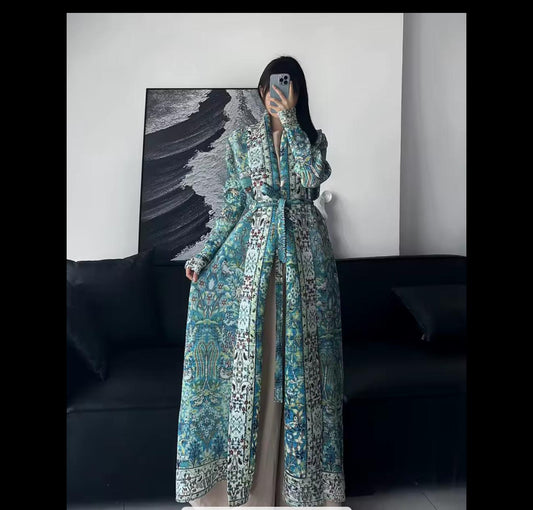 Luxury Printed Abaya with Belt – Blue & White Mosaic