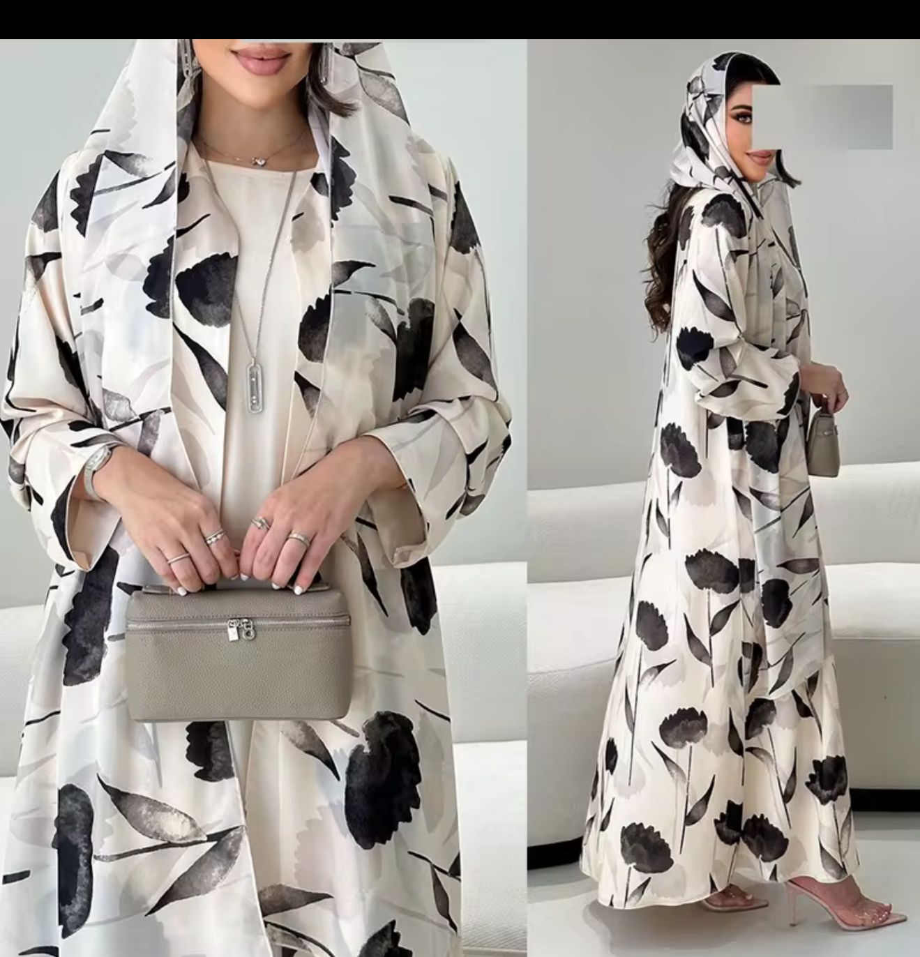 Lunaya Minimalist Bloom Abaya – Ivory with Monochrome Floral Print