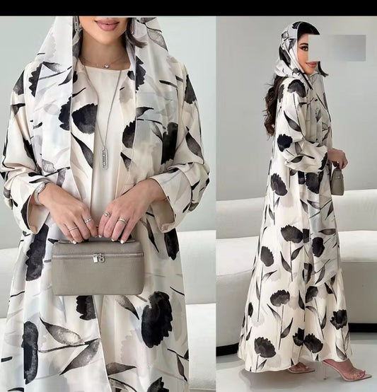 Lunaya Minimalist Bloom Abaya – Ivory with Monochrome Floral Print