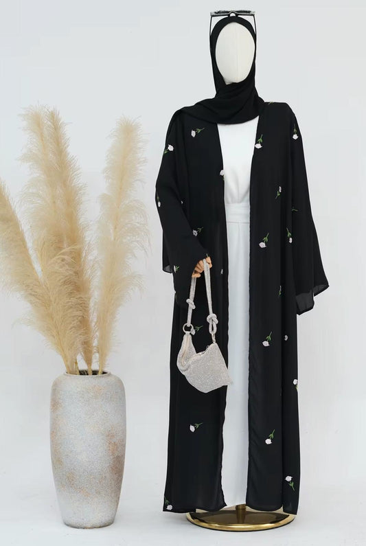 Black Floral 3-Piece Modest Set – Kimono, & Scarf