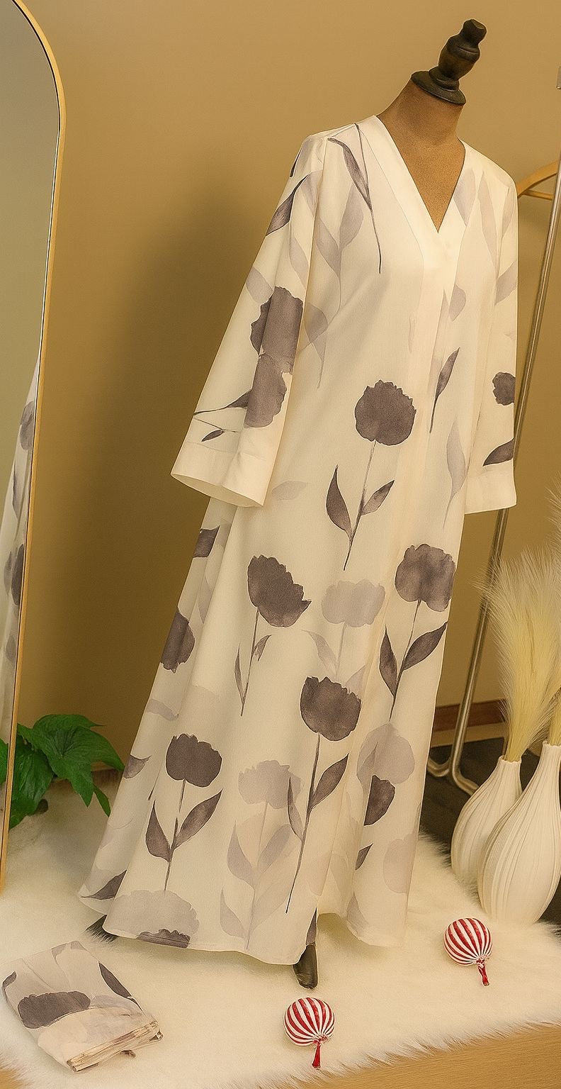 Lunaya Minimalist Bloom Abaya – Ivory with Monochrome Floral Print