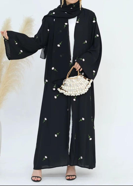 Black Floral 3-Piece Modest Set – Kimono, & Scarf