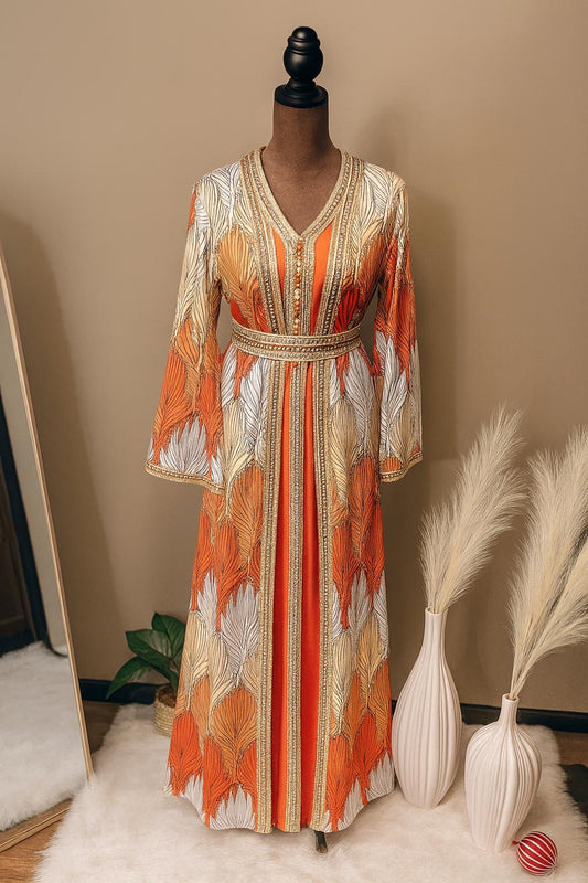 Elegant Autumn Feather Abaya – Gold & Orange Embellished