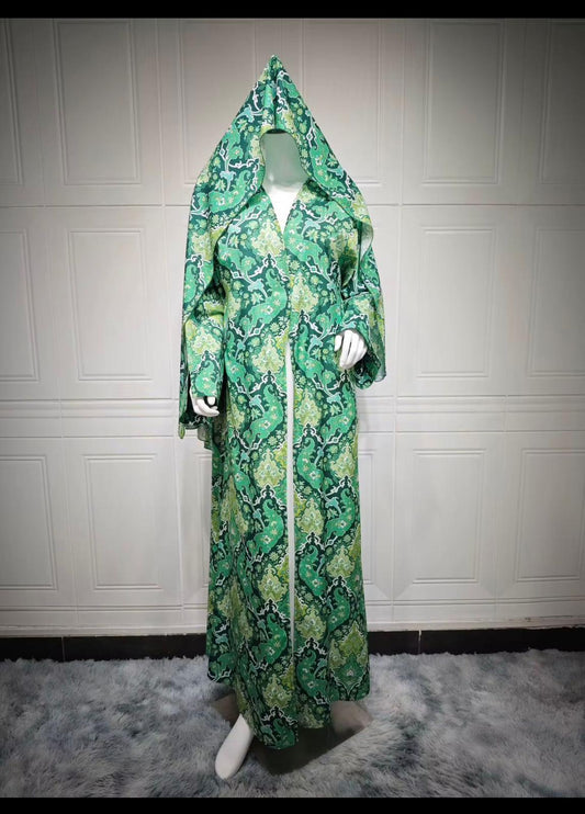 Elegant Green Printed Abaya with Hood – Modest & Stylish